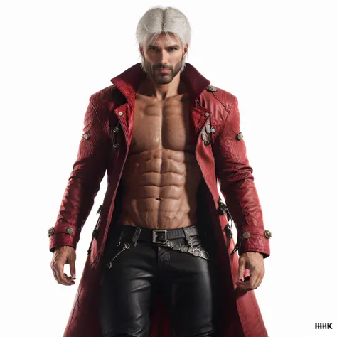RAW photo, photo of gigachad cosplaying as Dante from the Devil May Cry Series, red coat, black pants, white hair, posing for the camera, 8k uhd, dslr, high quality, film grain, Fujifilm XT3 <lora:gigachadDiffusionLora_v69:1>
