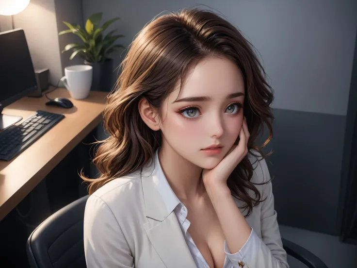 A woman sits in front of the computer,looking somewhat exhausted. She leans her head back against the office chair,with one hand on her forehead,her eyes tightly shut,her face full of sorrow,
a woman in her twenties,eastern european women,front view,upper_body,(from_above:1.5),(dynamic_angle:1.3),female,solo,shiny skin,slender,slender_waist,detail face,detail eyes,detail,
(anime:1.3),masterpiece,best quality,Highly detailed,Professional,absurdres,extreme detail description,highres,realistic,photorealistic,perfect anatomy,wallpaper,Cinematic Lighting,cinematic bloom,available light,atmospheric lighting,moody lighting,
,,,,<lora:add-detail-xl:2>,<lora:ç»èè°æ´-ç¾å¦aesthetic_anime_v1s:1.5>,<lora:ä¿®å¤-ç¼DetailedEyes_V3:1.5>,<lora:Ave:0.8>
