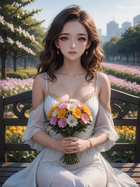 on a sunny afternoon,Japan,Yokohama,Ura Yama Garden,Back Mountain Garden,sea of flowers,flower field,sit on the bench,(holding_bouquet:1.5),holding a dazen of hpflower,petals in the hand,looking_at_hands,front view,full_shot,
casual chiffon dress,stud earrings,bangle,:d,
a woman in her twenties,eastern european women,female,solo,shiny skin,slender,slender_waist,detail face,detail eyes,detail,
(anime:1.3),masterpiece,best quality,Highly detailed,Professional,absurdres,extreme detail description,highres,realistic,photorealistic,perfect anatomy,wallpaper,Cinematic Lighting,cinematic bloom,available light,atmospheric lighting,moody lighting,
,,,,<lora:add-detail-xl:2>,<lora:ç»èè°æ´-ç¾å¦aesthetic_anime_v1s:1.5>,<lora:ä¿®å¤-ç¼DetailedEyes_V3:1.5>,<lora:Ave:0.8>