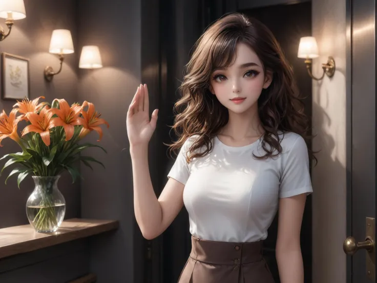 wearing a white t-shirt and an orange hip wrap,at the door of the cafe,waving,with a little smile on her face,small dark brown tote,cafe,vase,lily,
a woman in her twenties,eastern european women,brown hair,brown eyes,long hair,female,solo,shiny skin,slender,slender_waist,detail face,detail eyes,detail,
(anime:1.3),masterpiece,best quality,Highly detailed,Professional,absurdres,extreme detail description,highres,realistic,photorealistic,perfect anatomy,wallpaper,Cinematic Lighting,cinematic bloom,available light,atmospheric lighting,moody lighting,
,,,,<lora:add-detail-xl:2>,<lora:ç»èè°æ´-ç¾å¦aesthetic_anime_v1s:1.2>,<lora:ä¿®å¤-ç¼DetailedEyes_V3:1.5>,<lora:Ave-0.2-000019:1>