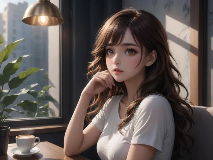 cafe,wearing a white t-shirt and an orange hip wrap dress,sitting by the window in the cafe,propping her chin with one hand,gazing blankly out the window,from_outside,
a woman in her twenties,eastern european women,brown hair,brown eyes,long hair,female,solo,shiny skin,slender,slender_waist,detail face,detail eyes,detail,
(anime:1.3),masterpiece,best quality,Highly detailed,Professional,absurdres,extreme detail description,highres,realistic,photorealistic,perfect anatomy,wallpaper,Cinematic Lighting,cinematic bloom,available light,atmospheric lighting,moody lighting,
,,,
,<lora:add-detail-xl:2>,<lora:ç»èè°æ´-ç¾å¦aesthetic_anime_v1s:1.2>,<lora:ä¿®å¤-ç¼DetailedEyes_V3:1.5>,<lora:Ave-0.2-000019:0.6>