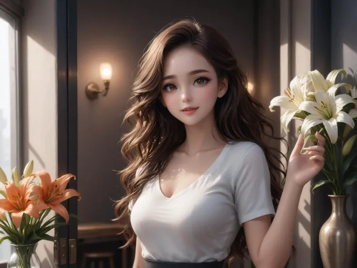 wearing a white t-shirt and an orange hip wrap,at the door of the cafe,waving,with a little smile on her face,small dark brown tote,cafe,vase,lily,
a woman in her twenties,eastern european women,brown hair,brown eyes,long hair,female,solo,shiny skin,slender,slender_waist,detail face,detail eyes,detail,
(anime:1.3),masterpiece,best quality,Highly detailed,Professional,absurdres,extreme detail description,highres,realistic,photorealistic,perfect anatomy,wallpaper,Cinematic Lighting,cinematic bloom,available light,atmospheric lighting,moody lighting,
,,,,<lora:add-detail-xl:2>,<lora:ç»èè°æ´-ç¾å¦aesthetic_anime_v1s:1.2>,<lora:ä¿®å¤-ç¼DetailedEyes_V3:1.5>,<lora:Ave-0.2-000019:1>