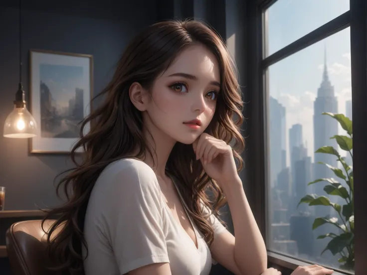 cafe,wearing a white t-shirt and an orange hip wrap dress,sitting by the window in the cafe,propping her chin with one hand,gazing blankly out the window,from_outside,
a woman in her twenties,eastern european women,brown hair,brown eyes,long hair,female,solo,shiny skin,slender,slender_waist,detail face,detail eyes,detail,
(anime:1.3),masterpiece,best quality,Highly detailed,Professional,absurdres,extreme detail description,highres,realistic,photorealistic,perfect anatomy,wallpaper,Cinematic Lighting,cinematic bloom,available light,atmospheric lighting,moody lighting,
,,,
,<lora:add-detail-xl:2>,<lora:ç»èè°æ´-ç¾å¦aesthetic_anime_v1s:1.2>,<lora:ä¿®å¤-ç¼DetailedEyes_V3:1.5>,<lora:Ave-0.2-000019:0.6>