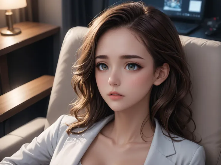 A woman sits in front of the computer,looking somewhat exhausted. She leans back,lying on a sofa chair,with one hand on her forehead,her eyes tightly shut,her face full of sorrow,
a woman in her twenties,eastern european women,front view,upper_body,(from_above:1.5),(dynamic_angle:1.3),female,solo,shiny skin,slender,slender_waist,detail face,detail eyes,detail,
(anime:1.3),masterpiece,best quality,Highly detailed,Professional,absurdres,extreme detail description,highres,realistic,photorealistic,perfect anatomy,wallpaper,Cinematic Lighting,cinematic bloom,available light,atmospheric lighting,moody lighting,
,,,,<lora:add-detail-xl:2>,<lora:ç»èè°æ´-ç¾å¦aesthetic_anime_v1s:1.5>,<lora:ä¿®å¤-ç¼DetailedEyes_V3:1.5>,<lora:Ave:0.8>