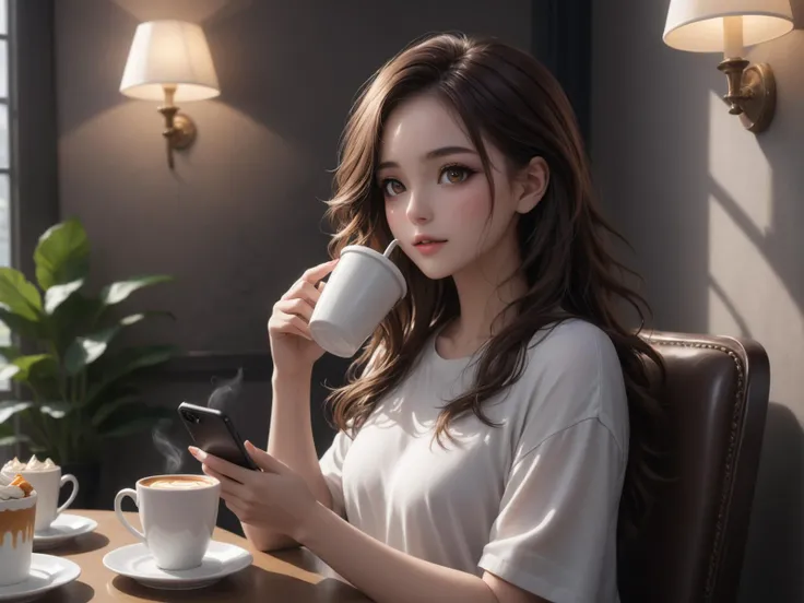 cafe,wearing a white t-shirt and an orange hip wrap dress,sitting_on_chair,coffee in hand,watching your phone while drinking coffee,cake and salad on the table,
a woman in her twenties,eastern european women,brown hair,brown eyes,long hair,female,solo,shiny skin,slender,slender_waist,detail face,detail eyes,detail,
(anime:1.3),masterpiece,best quality,Highly detailed,Professional,absurdres,extreme detail description,highres,realistic,photorealistic,perfect anatomy,wallpaper,Cinematic Lighting,cinematic bloom,available light,atmospheric lighting,moody lighting,
,,,
,<lora:add-detail-xl:2>,<lora:ç»èè°æ´-ç¾å­¦aesthetic_anime_v1s:1.2>,<lora:ä¿®å¤-ç¼DetailedEyes_V3:1.5>,<lora:Ave-0.2-000019:0.6>