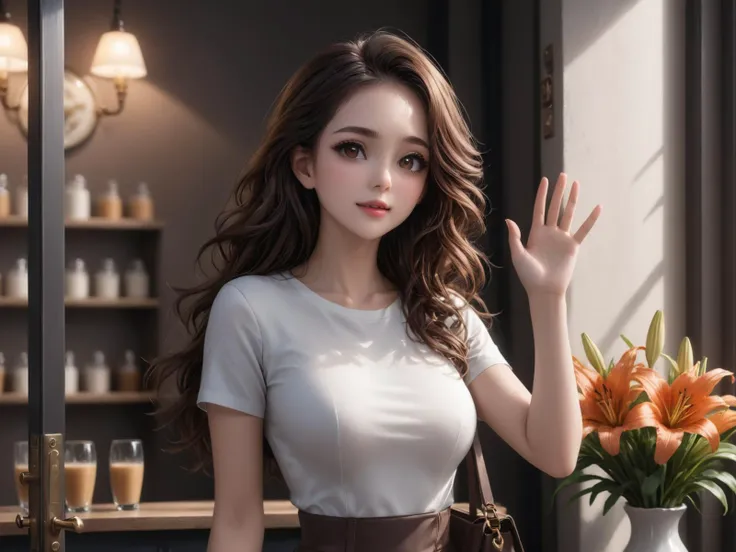 wearing a white t-shirt and an orange hip wrap,at the door of the cafe,waving,with a little smile on her face,small dark brown tote,cafe,vase,lily,
a woman in her twenties,eastern european women,brown hair,brown eyes,long hair,female,solo,shiny skin,slender,slender_waist,detail face,detail eyes,detail,
(anime:1.3),masterpiece,best quality,Highly detailed,Professional,absurdres,extreme detail description,highres,realistic,photorealistic,perfect anatomy,wallpaper,Cinematic Lighting,cinematic bloom,available light,atmospheric lighting,moody lighting,
,,,,<lora:add-detail-xl:2>,<lora:ç»èè°æ´-ç¾å¦aesthetic_anime_v1s:1.2>,<lora:ä¿®å¤-ç¼DetailedEyes_V3:1.5>,<lora:Ave-0.2-000019:1>