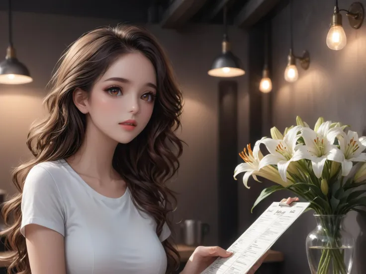 wearing a white t-shirt and an orange hip wrap,she stood at the counter,looking up at the menu with a hint of hesitation,cafe,vase,lily,
a woman in her twenties,eastern european women,brown hair,brown eyes,long hair,female,solo,shiny skin,slender,slender_waist,detail face,detail eyes,detail,
(anime:1.3),masterpiece,best quality,Highly detailed,Professional,absurdres,extreme detail description,highres,realistic,photorealistic,perfect anatomy,wallpaper,Cinematic Lighting,cinematic bloom,available light,atmospheric lighting,moody lighting,
,,,,<lora:add-detail-xl:2>,<lora:ç»èè°æ´-ç¾å¦aesthetic_anime_v1s:1.2>,<lora:ä¿®å¤-ç¼DetailedEyes_V3:1.5>,<lora:Ave-0.2-000019:1>