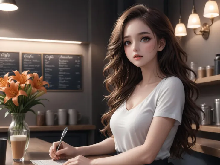 wearing a white t-shirt and an orange hip wrap,she stood at the counter,looking up at the menu with a hint of hesitation,cafe,vase,lily,
a woman in her twenties,eastern european women,brown hair,brown eyes,long hair,female,solo,shiny skin,slender,slender_waist,detail face,detail eyes,detail,
(anime:1.3),masterpiece,best quality,Highly detailed,Professional,absurdres,extreme detail description,highres,realistic,photorealistic,perfect anatomy,wallpaper,Cinematic Lighting,cinematic bloom,available light,atmospheric lighting,moody lighting,
,,,,<lora:add-detail-xl:2>,<lora:ç»èè°æ´-ç¾å¦aesthetic_anime_v1s:1.2>,<lora:ä¿®å¤-ç¼DetailedEyes_V3:1.5>,<lora:Ave-0.2-000019:1>