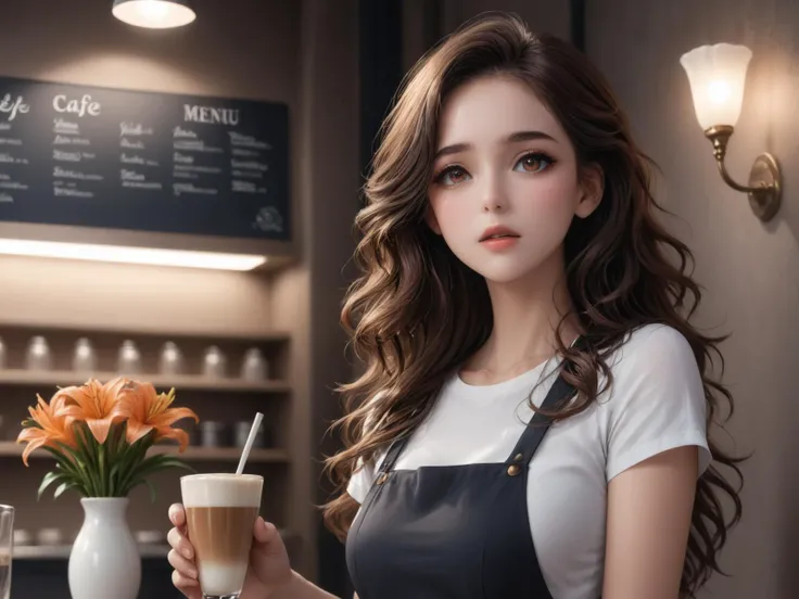 wearing a white t-shirt and an orange hip wrap,she stood at the counter,looking up at the menu with a hint of hesitation,cafe,vase,lily,
a woman in her twenties,eastern european women,brown hair,brown eyes,long hair,female,solo,shiny skin,slender,slender_waist,detail face,detail eyes,detail,
(anime:1.3),masterpiece,best quality,Highly detailed,Professional,absurdres,extreme detail description,highres,realistic,photorealistic,perfect anatomy,wallpaper,Cinematic Lighting,cinematic bloom,available light,atmospheric lighting,moody lighting,
,,,,<lora:add-detail-xl:2>,<lora:ç»èè°æ´-ç¾å¦aesthetic_anime_v1s:1.2>,<lora:ä¿®å¤-ç¼DetailedEyes_V3:1.5>,<lora:Ave-0.2-000019:1>