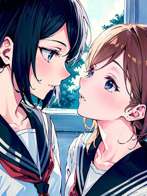 (best quality masterpiece:1.2) 8k (detailed shoujo manga style:1.4) 2girls, beautiful, absurdres, school uniform, yuri, serafuku, eye contact, school window sunset lighting