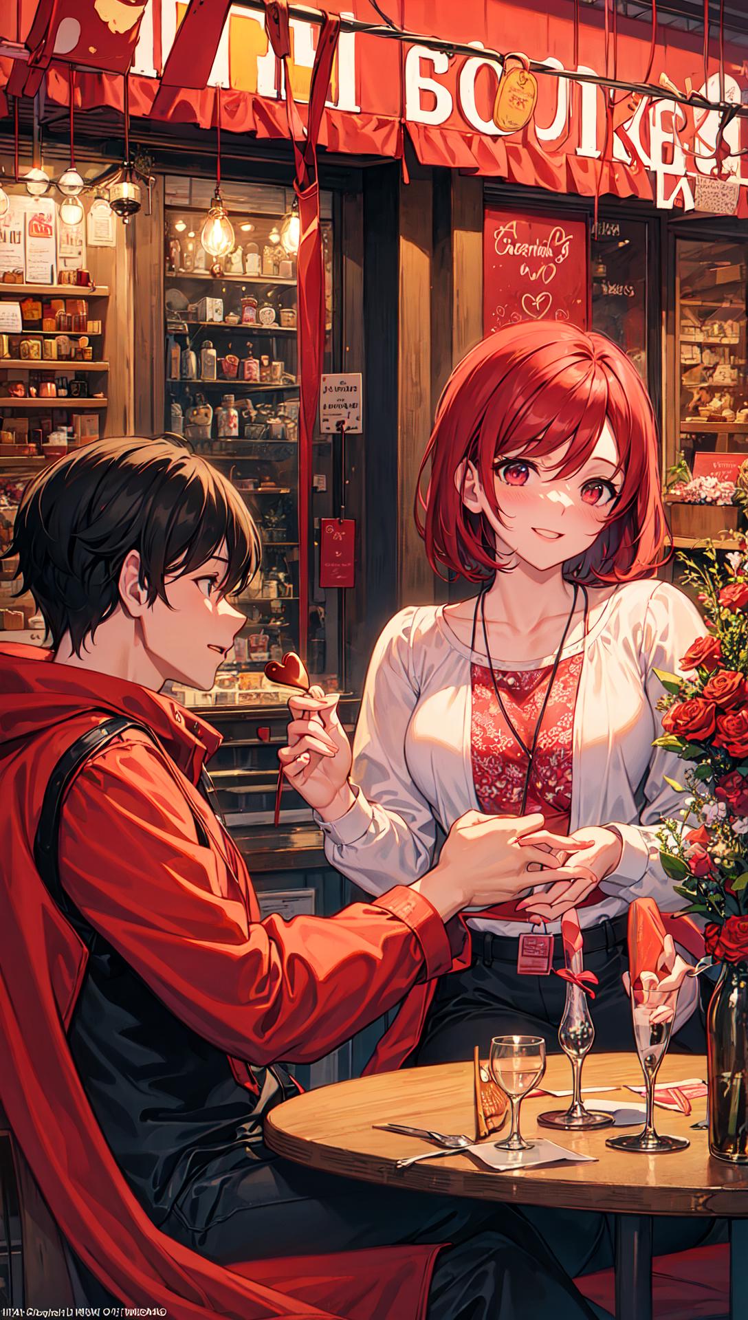 Anime couple sitting at a table with a glass of wine - SeaArt AI