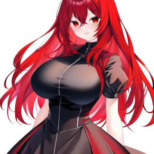 <lora:oniharigusaepoch-000003:1>, 1girl, mature, red hair, red eyes, large breasts:1, white dress, simple background,