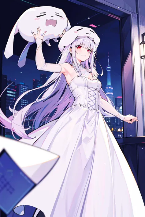 absurdres, best quality, 1girl, solo, <lora:Ghast:0.8>, Ghast-chan, long dress, white dress