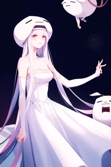 anime girl in white dress with long hair and white hat