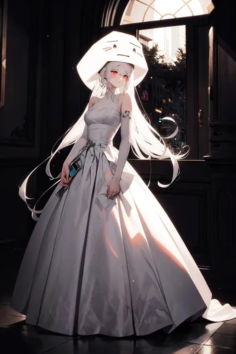 absurdres, best quality, 1girl, solo, <lora:Ghast:0.8>, Ghast-chan, long dress, white dress