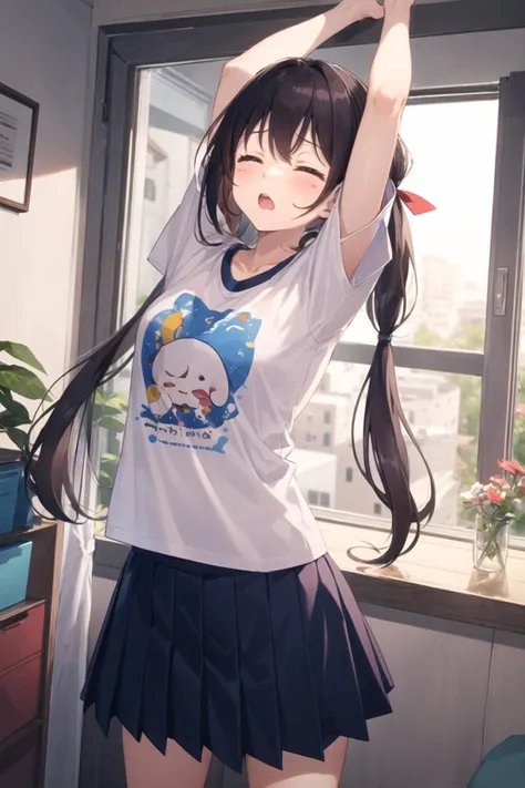 1girl, casual clothes, t-shirt, pleated skirt, twintails, long hair, short sleeves, yawning, standing, closed eyes, bedroom, stretching, arms up, teardrop