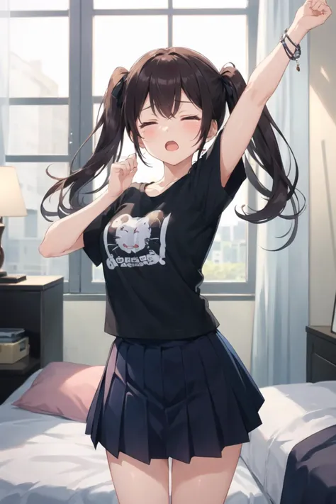 1girl, casual clothes, t-shirt, pleated skirt, twintails, long hair, short sleeves, yawning, standing, closed eyes, bedroom, stretching, arm up, teardrop