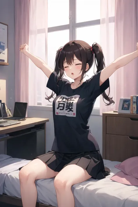 1girl, casual clothes, t-shirt, pleated skirt, twintails, long hair, short sleeves, yawning, sitting, bedroom, stretching, arms up, teardrop, half-closed eyes