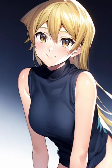 masterpiece, best quality, <lora:AlexisRhodes-v2:1>,
ex-ar, 1girl, long hair, tenjouin asuka, solo, blonde hair, smile, hair between eyes, sweater, straight hair, shiny, looking at viewer, sleeveless, closed mouth, shiny hair, very long hair, gradient background, blue background, gradient, blue sweater, upper body, brown eyes, medium breasts, bangs, white background, breasts, leaning forward, sleeveless sweater, turtleneck, floating hair, turtleneck sweater
