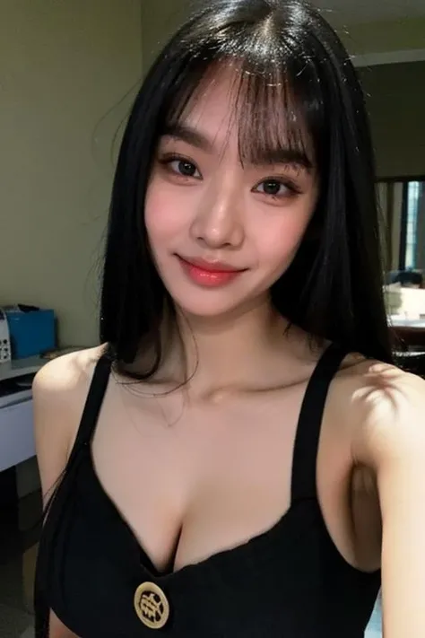 1girl,(masterpiece:1.2), (best quality:1.2), (extremely detailed), selfie from center front, ((cleavage)), (extremely detailed face), (((ultra-detailed eyes and pupils))), broad shoulder, (ultra detailed), 8k, photorealistic, pretty face, instagram shot, instagram style, in the bedroom, looking at viewer, facing front, perfect skin, cinematic lighting, fair skin, black hair, portrait photo, slender, no makeup, nikon RAW photo, 8k ,Fujifilm XT3, photorealistic, detailed face, dark skin, perfect shape, mouth shut, smile, wide face, indoors, sleeveless, dim lighting,(looking at viewer:1.2),  <lora:momolorashy:1>