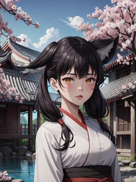 (masterpiece:1.2, best quality:1.1, highres,absurdres, high quality),(photorealistic:1.1),reflected light, colorful,ultra-detailed, ultra hd, super detailed,
eft_fireforce_tamaki, black hair, twintails, yellow eyes, orange eyes,kimono, ear down, cherry blossoms, east asian architecture, temple, tree, pond,1girl,cowboy shot, looking at viewer,
<lora:eft_ff_tamaki-02:0.6> <lora:LowRA:0.4> BREAK, flaming cat ears <lora:ear_down_v1:0.6>