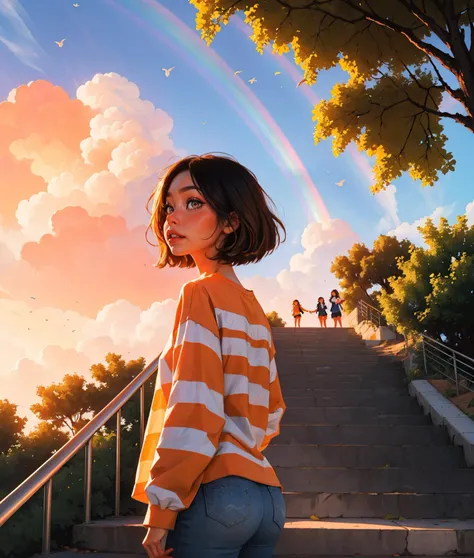 1girl, striped shirt, rainbow print, messy hair, short hair, (freckles:0.35), long sleeves, outdoors, stairs, tree, railing, orange sky,
masterpiece, best quality, <lora:sam_yang_offset_right_filesize:1> sam yang