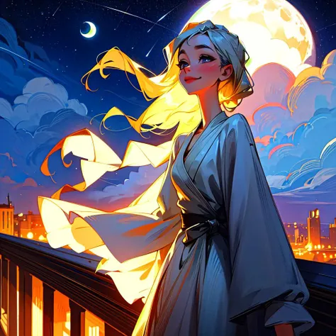 1girl, waist up, smile, slim, beautiful lighting, night, balcony, moon, tired,stars, clouds, glow, natural, innocent, best quality, masterpiece, ultra highres, close up, <lora:sam_yang:1>, <lora:add_detail:0>