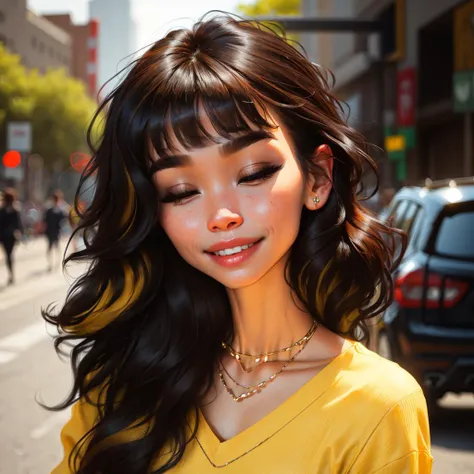 sam yang, 1girl, bangs, black hair, black shirt, blurry, blurry background, bokeh, brown eyes, brown hair, closed mouth, day, depth of field, hair between eyes, half-closed eyes, head tilt, jewelry, lips, long hair, long sleeves, looking at viewer, multicolored hair, necklace, nose, outdoors, shirt, smile, solo, thick eyebrows, two-tone hair, upper body , ((masterpiece)) <lora:sam_yang_offset:1> <lora:samdoesartsSamYang_offsetRightFilesize:1>