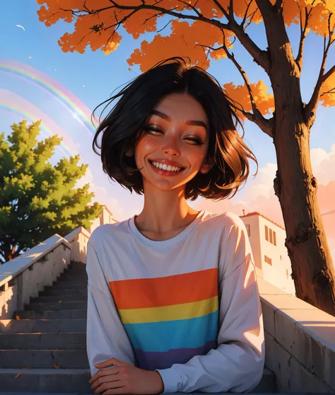 1girl, striped shirt, rainbow print, messy hair, short hair, (freckles:0.35), long sleeves, outdoors, stairs, tree, railing, orange sky, facial hair, hand in own hair, grin, half-closed eyes,
masterpiece, best quality, <lora:sam_yang_offset_right_filesize:1> sam yang <lora:backlight_slider_v10:-1>