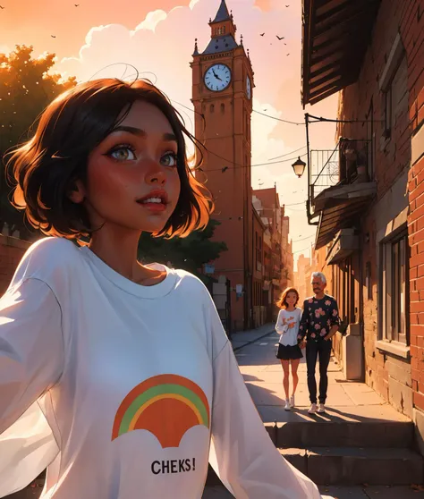 1girl, abstract shirt, rainbow print, messy hair, short hair, (freckles:0.45), long sleeves, outdoors, stairs, railing, drain \(object\), drainpipe, building, brick wall, orange sky, facing viewer, wind, tall building, clock tower,
masterpiece, best quality, <lora:sam_yang_offset_right_filesize:0.8> sam yang <lora:backlight_slider_v10:-1> <lora:people_count_slider_v1:2>, a father and his daughter holding hand seen on background