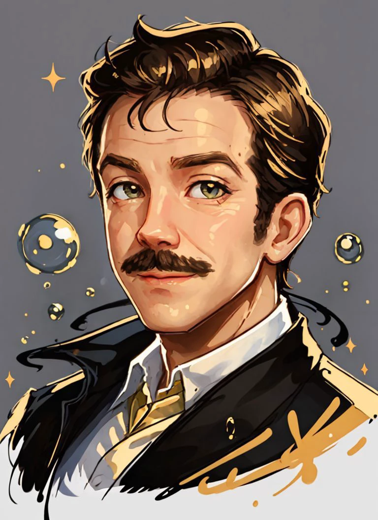 sam yang style (masterpiece, best quality:1.1), pxint, Ted Lasso man, detailed eyes, portrait, beautiful, looking at viewer, droplets, Gold (Crayola), sparkle, bubble, flowing, with a splash of paint, (abstract:0.8) <lora:coachsCoachTedLasso_v10:0.75> <lora:samdoesartsSamYang_offsetRightFilesize:1> <lora:abstractPortraits_v1:0.75>