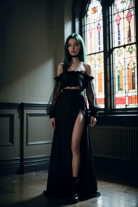 RAW photo, (goth girl), (style of Tim Walker:1.4), eerie, dark theme, horror, unsettling, Loneliness, Tulle skirt, band tee, and combat boots, sam yang, Mermaid waves, Neon green hair color, Slim and tall (slender build with above-average height), Gothic cathedral with stained glass windows, (analog style:1.2), (film grain:1.2), (high detailed shiny skin:1.2), 8k uhd, dslr, soft lighting, high quality, film grain, Fujifilm XT3, perfect lighting, perfect shading, <lora:sam_yang_offset_right_filesize:0.4>