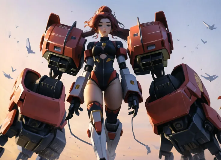 sam yang, backlighting, 1girl, red hair, chonmage, mecha_musume, with extremely large robotic hands, large mecha arm, tiny breasts, thick thighs <lora:large_mecha_arm_v1:1> <lora:samdoesartsSamYang_normal:0.65>