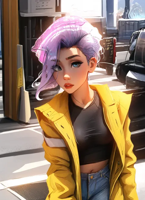 sam yang, 1girl, (jellyfish hair:1.4), (buff hair:1.1), (undercut:1.4), hair clip, covered nipples, puffy nipples, raglan top, jeans, detailed_eyes, spoken_heart, arms behind back, large breasts, <lora:samdoesartsSamYang_normal:0.95>