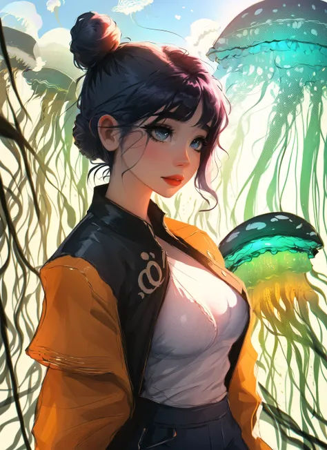 sam yang, 1girl, (jellyfish hair:1.4), (navy hair:1.1), (cone hair bun:1.4), hair clip, covered nipples, puffy nipples, jodhpur, pant, detailed_eyes, spoken_heart, arms behind back, large breasts,  <lora:samdoesartsSamYang_normal:0.95>