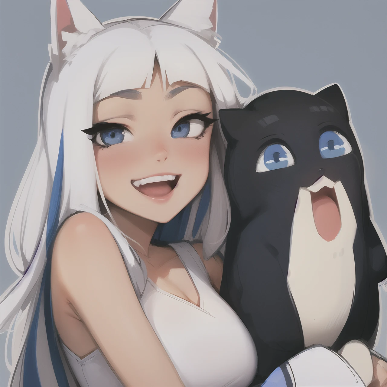 1girl, masterpiece, breasts, blue eyes, white long hair, (Gawr Gura:1.1), looking at viewer, blush, blue streaked hair, white hair, blue white pajamas, smug, open mouth smile, outline, sam yang, best quality, <lora:samdoesartsSamYang_offset:0.95>, bang, posing, (blue streaked bangs:1.1) , cat ears, lean forwards,