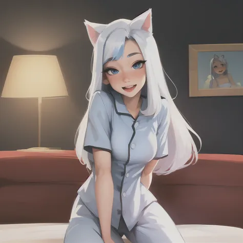 1girl, masterpiece, breasts, blue eyes, white long hair, (Gawr Gura:1.1), looking at viewer, blush, blue streaked hair, white hair, blue pajamas, smug, open mouth smile, outline, sam yang, best quality,  <lora:samdoesartsSamYang_offset:0.95>, bang, posing, (blue streaked bangs:1.1) , cat ears, lean forwards, bedroom, bed, freckles