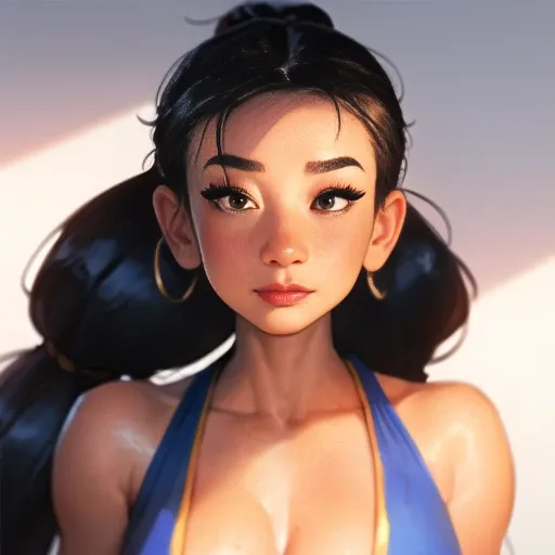 sam yang, 1girl, art of Chun-Li from Street Fighter, backlighting, bare shoulders, blurry, blurry background, blush, breasts, closed mouth, collarbone, earrings, forehead, freckles, hair over shoulder, jewelry, long hair, looking down, pointy nose, gold lips, shadow, solo, thick eyebrows, thick eyelashes, upper body, ((masterpiece)) <lora:samdoesartsSamYang_offsetRightFilesize:1>