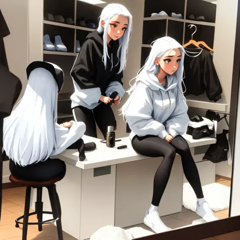 sam yang, 1girl, full body, wearing a baseball cap, white hoodie, black leggings, white sports socks, girl white hair, girl long hair, in dressing room, sitting at the dresser, against mirror, makeup for girls, (masterpiece)