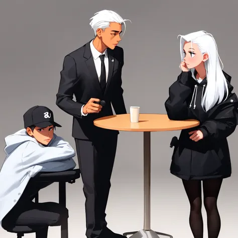 sam yang, 2 peoples, 1girl, full body, wearing a baseball cap, white hoodie, black leggings, white sports socks, standing, girl white hair, girl long hair, in movie company, 1man, man interviewing girl, face to face, discussion, man on chair, man black suit, man brown hair, man short hair, man black shoes, (masterpiece)