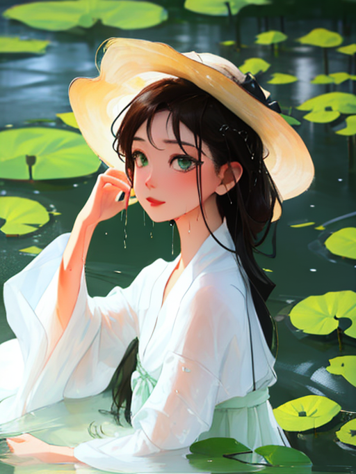 Anime girl in a white dress and hat sitting in a pond - SeaArt AI