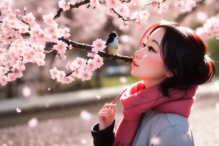 <lora:samdoesartsSamYang_offsetRightFilesize:1>sam yang,
1girl, bird, black eyes, black hair, blurry, blurry background, cherry blossoms, lips, long-tailed tit, looking up, medium hair, profile, scarf, solo, tit (bird)
, ((masterpiece))