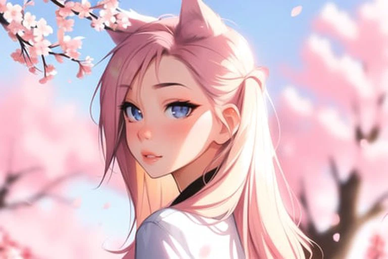 <lora:samdoesartsSamYang_offsetRightFilesize:1>,
Sam yang, wolf ears, from behind, looking at the camera,
1girl, blue eyes, blonde hair, blurry background, cherry blossoms, pink lips, long-tailed tit, looking up, long hair, solo,((masterpiece))