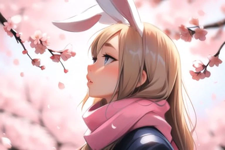 <lora:samdoesartsSamYang_offsetRightFilesize:1>,
Sam yang, rabbit ears,
1girl, blue eyes, blonde hair, blurry background, cherry blossoms, lips, long-tailed tit, looking up, long hair, profile, scarf, solo,((masterpiece))