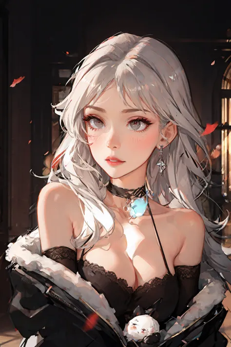 sam yang,1girl, backlighting, bare shoulders, black choker, blurry, blurry background, blush, breasts, choker, cleavage, closed mouth, collarbone, earrings, forehead, hair over shoulder, jewelry, long hair, looking down, pointy nose, red lips, shadow, solo, thick eyebrows, thick eyelashes, upper body, white hair
, ((masterpiece)), <lora:samdoesartsSamYang_offsetRightFilesize:0.6>, <lora:koreanDollLikeness_v15:0.1>, <lora:mikuya_v15:0.2>, <lora:taiwanDollLikeness_v10:0.1>