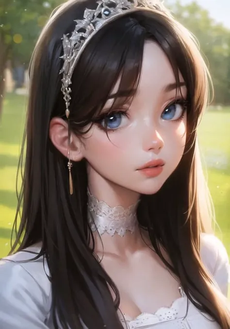 beautiful, masterpiece, best quality, hiqcgbody, anime, 1girl, sam yang, blue chocker, white dress, diadem, brown hair, blue eyes,middle parted bangs, portrait shot, looking at viewer, detailed rugged texture, lipstick, ultra detailed, summer, intricate details,<lora:hipoly3DModelLora_v10:0.5> <lora:samdoesartsSamYang_normal:0.5>
