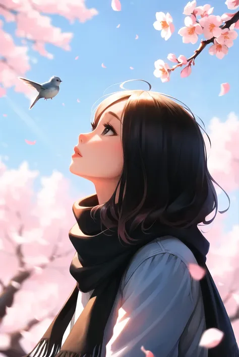 sam yang,

1girl, bird, black eyes, black hair, blurry, blurry background, cherry blossoms, lips, long-tailed tit, looking up, medium hair, profile, scarf, solo, tit (bird)

, ((masterpiece))
<lora:sam_yang_offset:1>