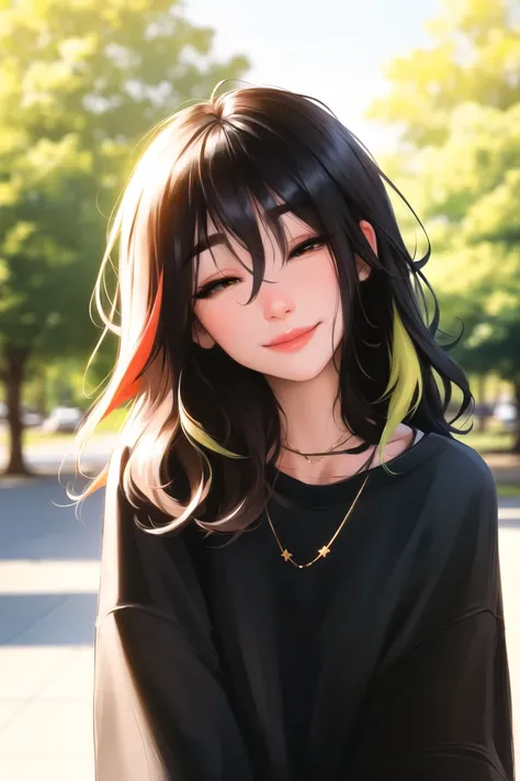 sam yang,
1girl, bangs, black hair, black shirt, blurry, blurry background, bokeh, brown eyes, brown hair, closed mouth, day, depth of field, hair between eyes, half-closed eyes, head tilt, jewelry, lips, long hair, long sleeves, looking at viewer, multicolored hair, necklace, nose, outdoors, shirt, smile, solo, thick eyebrows, two-tone hair, upper body
, ((masterpiece))
<lora:sam_yang_offset:1>