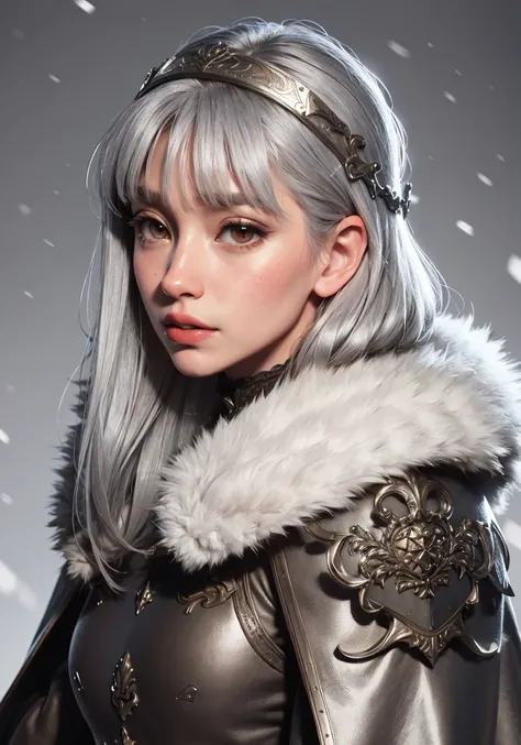 beautiful, masterpiece, best quality, hiqcgbody, anime, 1girl, sam yang, shoulderpad armor, fur lined cloak, large breasts, diadem, silver hair, middle parted bangs, portrait shot, looking at viewer, detailed rugged texture, lipstick, ultra detailed, winter, intricate details,<lora:hipoly3DModelLora_v10:0.5> <lora:samdoesartsSamYang_normal:0.5>