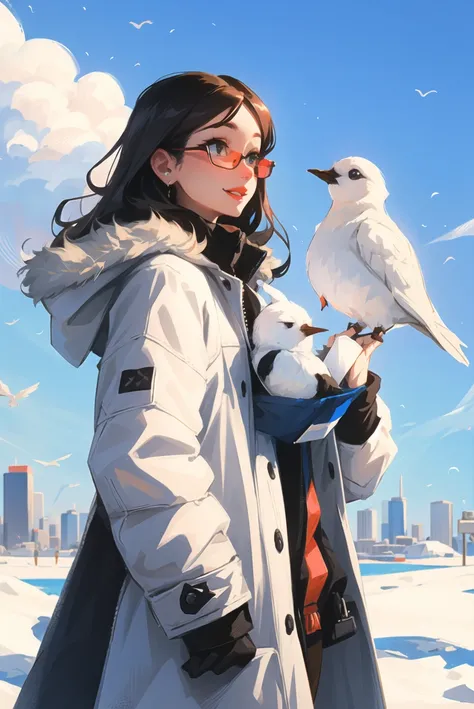 sam yang,
1girl, animal, animal on shoulder, bird, black-framed eyewear, black eyes, black hair, blue sky, cityscape, clear sky, coat, day, earrings, eyewear hang, eyewear removed, fur coat, jacket, jewelry, long hair, looking to the side, outdoors, power lines, red lips, sky, smile, snow, solo, sunglasses, white bird, white coat, winter, winter clothes
, ((masterpiece))
<lora:sam_yang_offset:1>